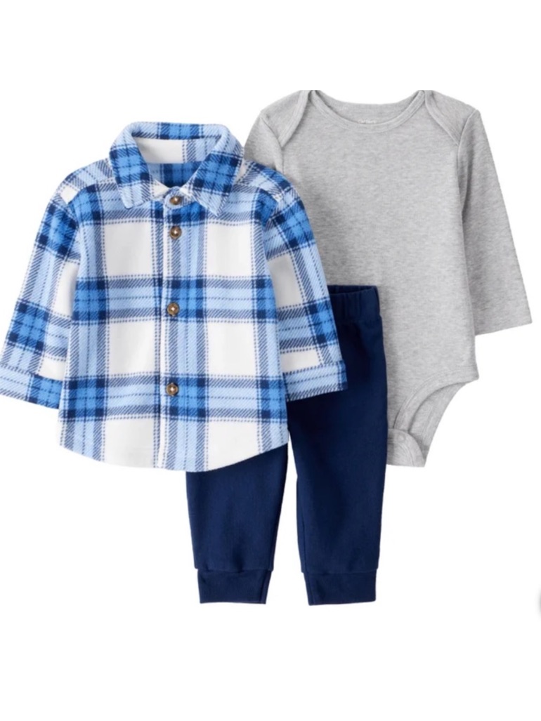 Carter's Blue Plaid Shirt, Gray Bodysuit & Navy Pants Matching Set